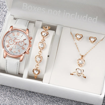 Women Watch Rhinestone Heart Jewelry Set Geneva Watch Casual Leather Band Quartz Wristwatch（Without Box）