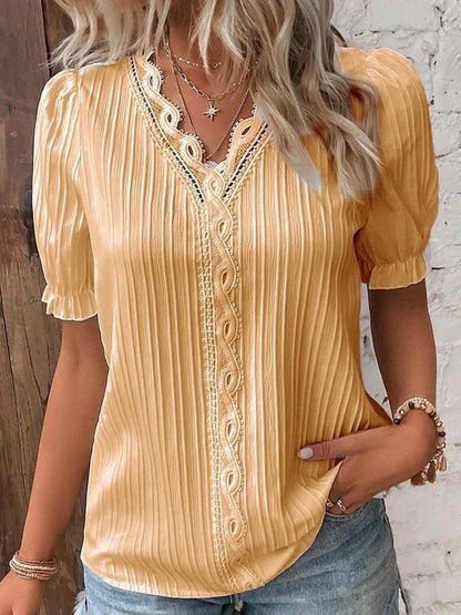 Women's Summer New Top 2024 Solid Sexy V-Neck Hollow Short Sleeve