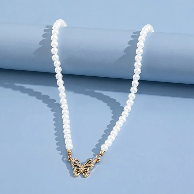 Elegant Simulated Pearl Beaded Necklace For Women Korean Fashion Butterfly Pendant Choker Necklace Wedding Party Jewelry