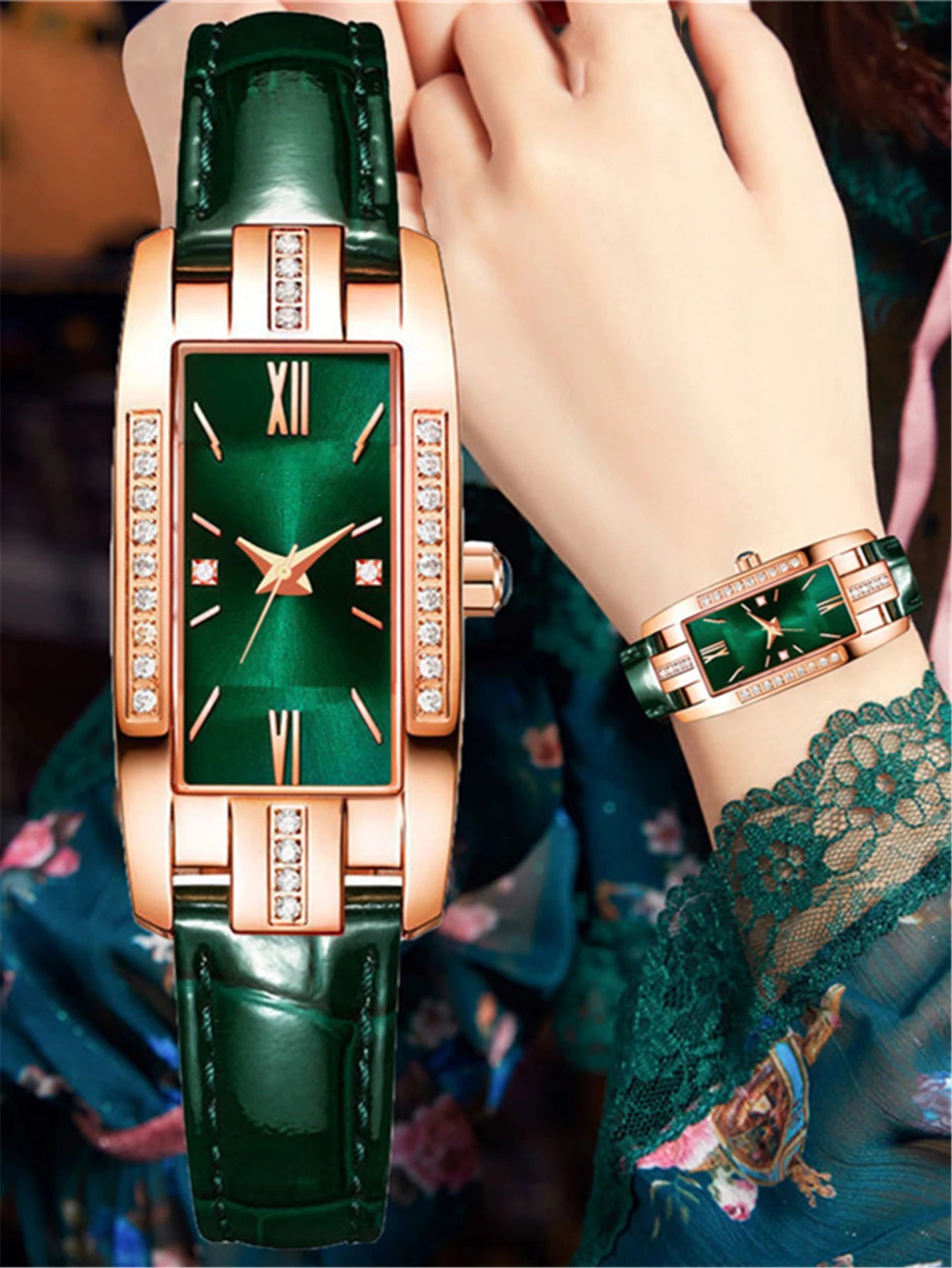 Women Rectangle Watches Ladies Business Green Leather Quartz Watch Womens Necklace Earrings Bracelet Wristwatch