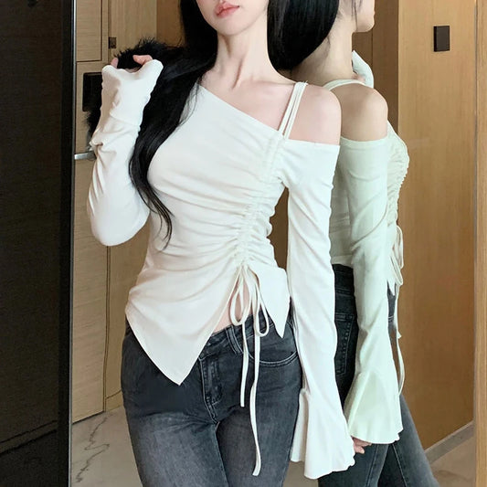 Spring Sweet Women T Shirts Korean Lace Up Off Shoulder Female Casual Tees Folds Long Sleeve Skew Collar Ladies Crop Tops