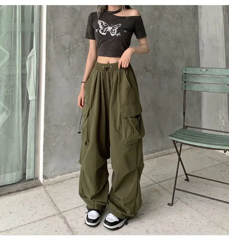 Women Long Cargo Pants Summer Elastic Waist Pocket Baggy Straight Loose Pants Casual Women Korean Trousers CDPF-WYP-51