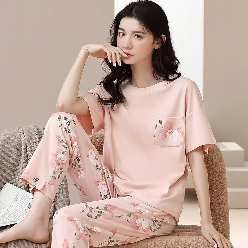 2024 Summer 100% Cotton Short Sleeve Long Pants Pajama Sets for Women Korean Cute Sleepwear Homewear Pijama Mujer Home Clothes