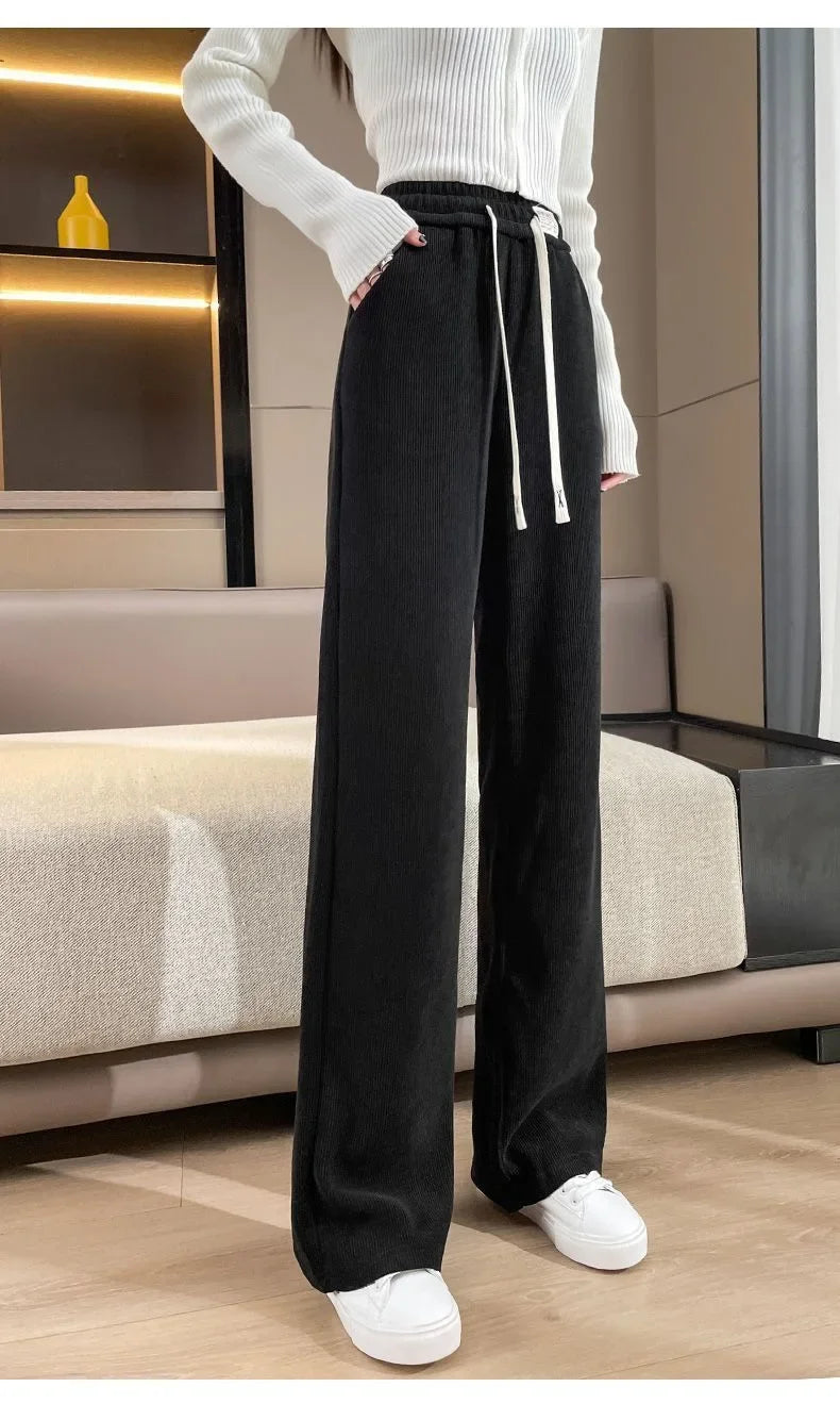 Fleece-lined Corduroy Bell Bottoms High-waisted Loose-fit Thickened Sport Casual Straight-leg Pants For Women