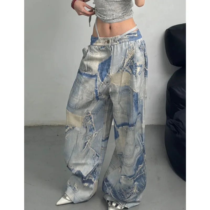 High Waist Women Tie Dyeing Jeans Hip-hop Style Vintage Streetwear Y2K Wide Leg Jean Plus Size Female Trouser Baggy Denim Pants