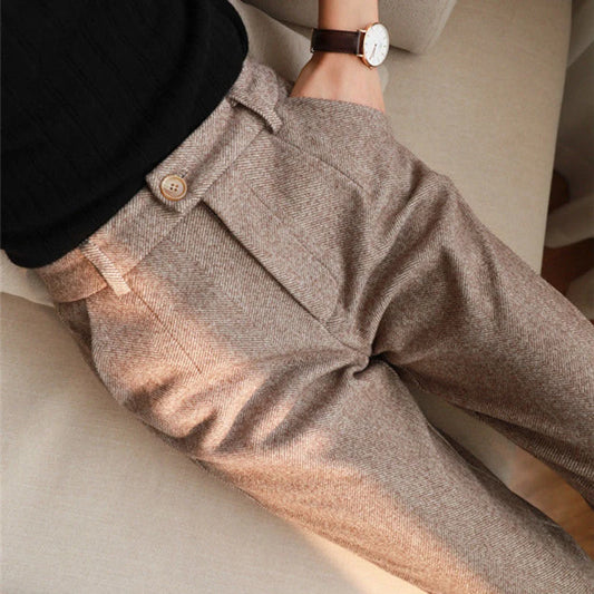 Woolen Pants Women Harem Pencil Pants Spring High Waist Pockets Suit Pants Office Lady Striped Zipper Trousers