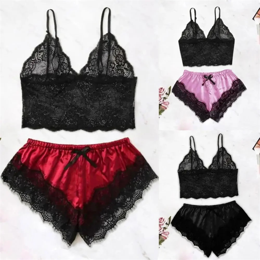 Women Pajamas Set Sexy Satin Lace Sleepwear Lingerie Ladies Elastic Suspender Shorts  Nightwear Suits Sleeveless Underwear Tops