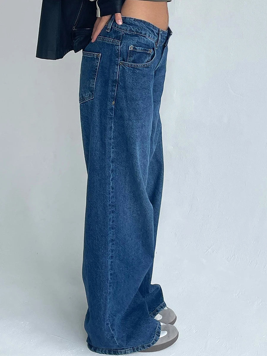 Women's Low Rise Jeans Wide Leg Trousers with Multi Pockets Oversized Fit Floor Length Buttons and with zip Washed Denim Pants