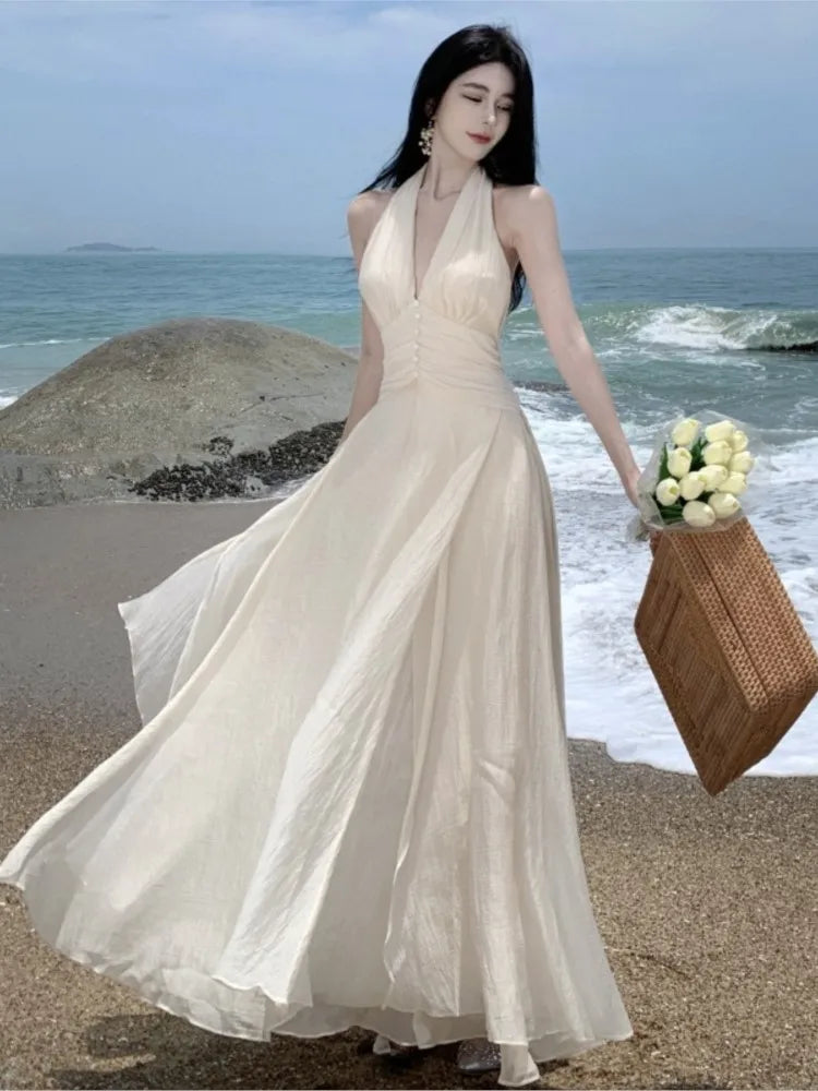 Sommer Ärmelloses Neckholder Langes Weißes Maxikleid Elegante Enge Taille V-Ausschnitt Strandkleid Robes Du Soir Abendkleider Hochzeit Abschlussball