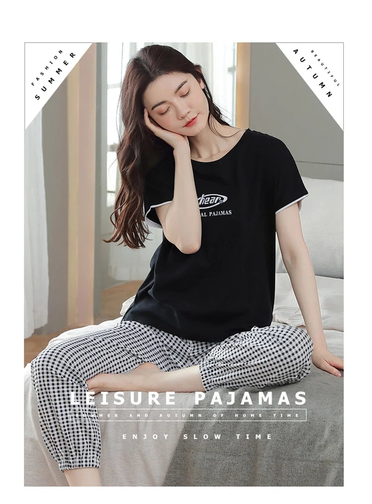 2024 Summer 100% Cotton Short Sleeve Long Pants Pajama Sets for Women Korean Cute Sleepwear Homewear Pijama Mujer Home Clothes