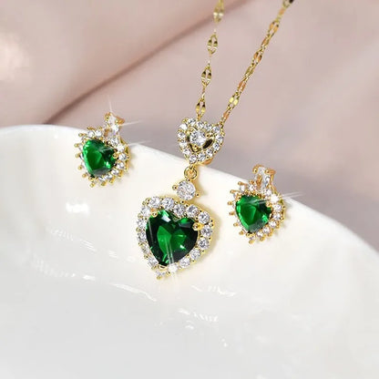 2023 Luxury Heart-shaped Necklace Green Zircon Jewelry Sets for Women Exquisite Crystal Pendant Chain Women's Earings Wedding