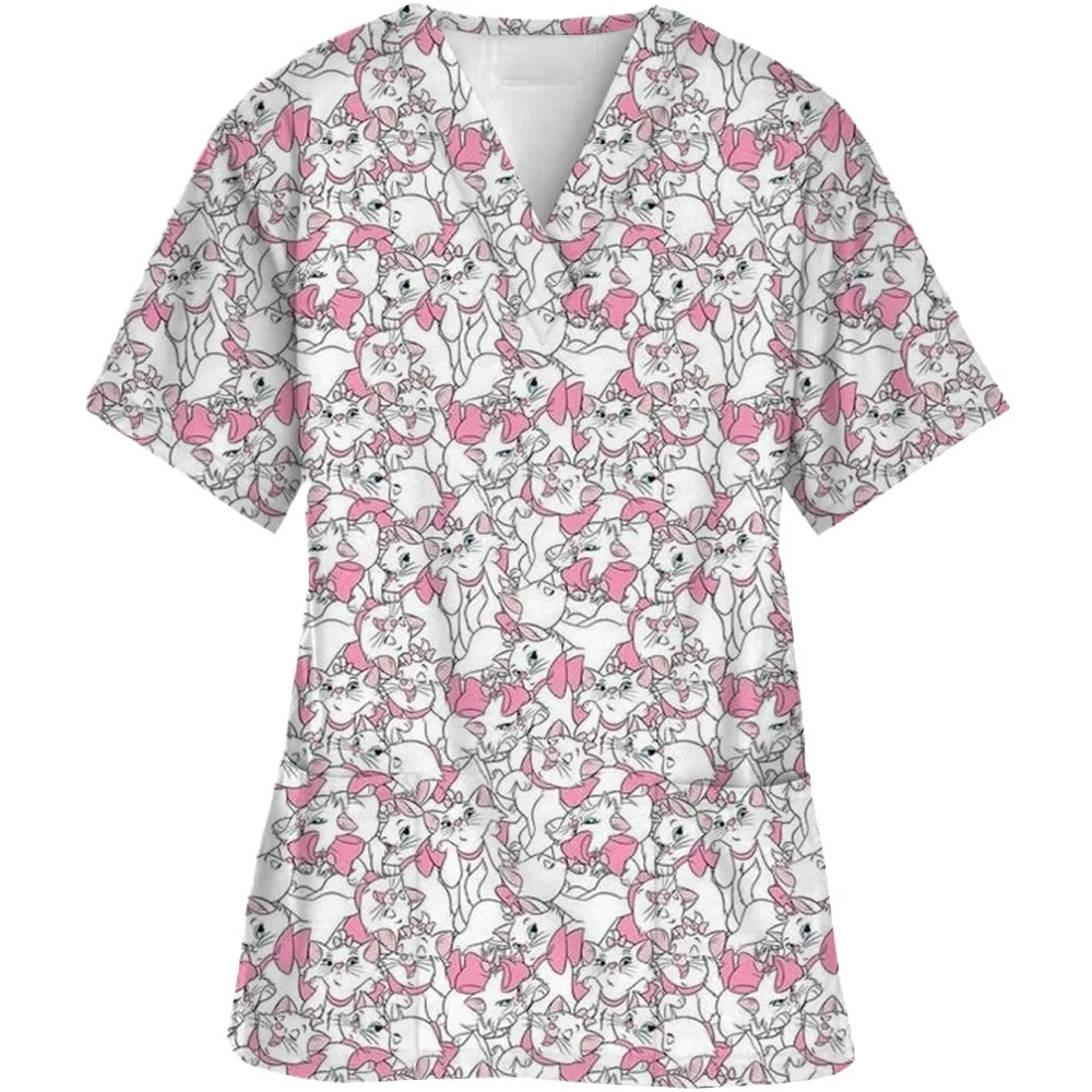 2024 Summer Disney Pet Mary Cat Pink Printed Matte Top Pet Shop Medical Uniform Nurse V-neck Shirt Women's Nurse Top