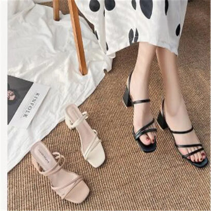 Frauen Sandalen Damen Quadratische Absätze Elegante Sommer Hausschuhe Außerhalb Kreuz Gebunden Leder Weibliche Slides 2023 Mode Frau Sandalen