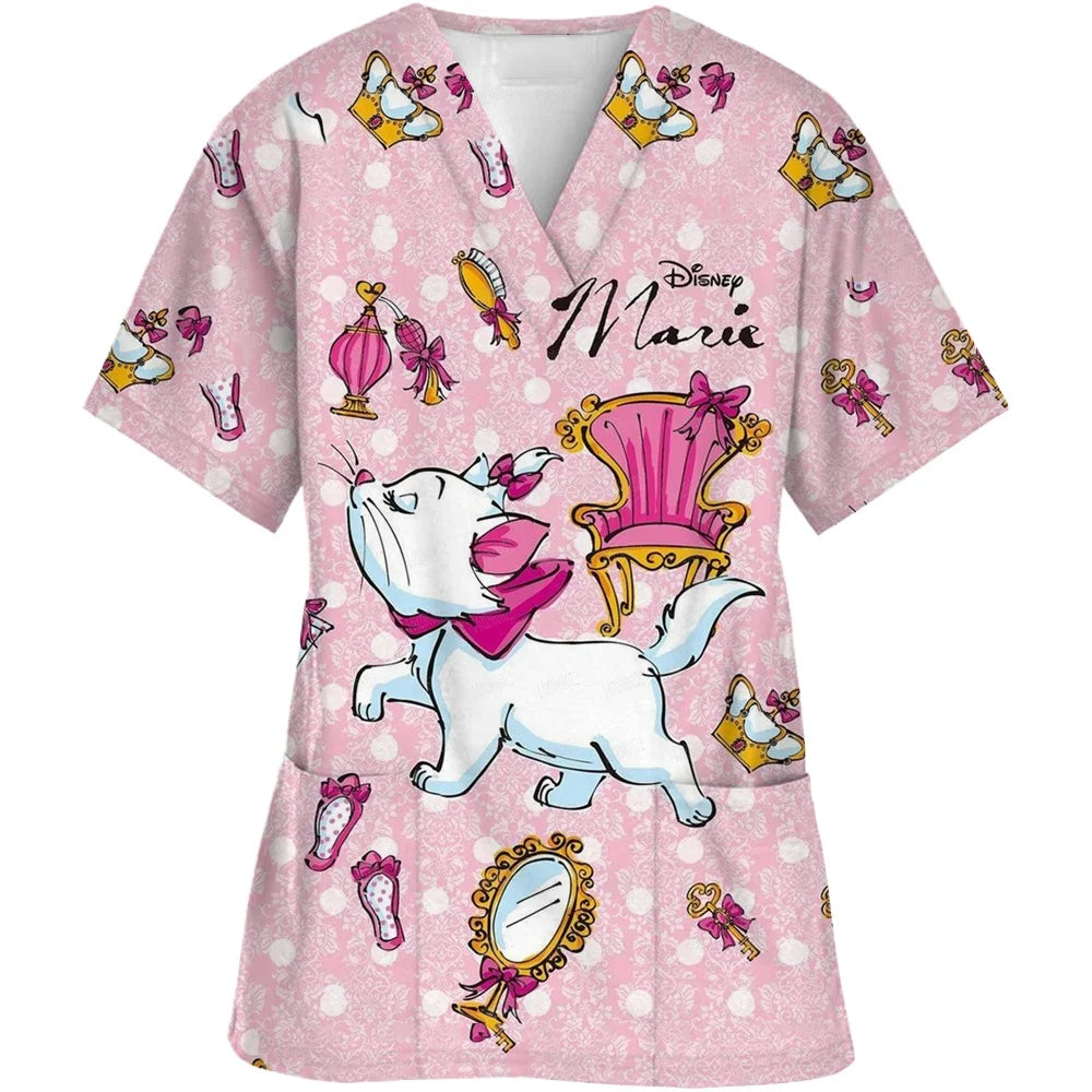 2024 Summer Disney Pet Mary Cat Pink Printed Matte Top Pet Shop Medical Uniform Nurse V-neck Shirt Women's Nurse Top