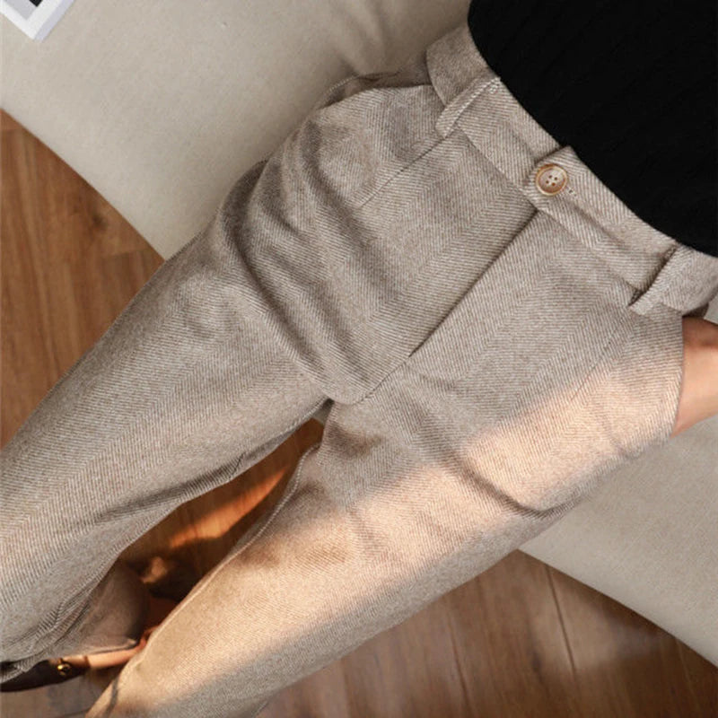 Woolen Pants Women Harem Pencil Pants Spring High Waist Pockets Suit Pants Office Lady Striped Zipper Trousers