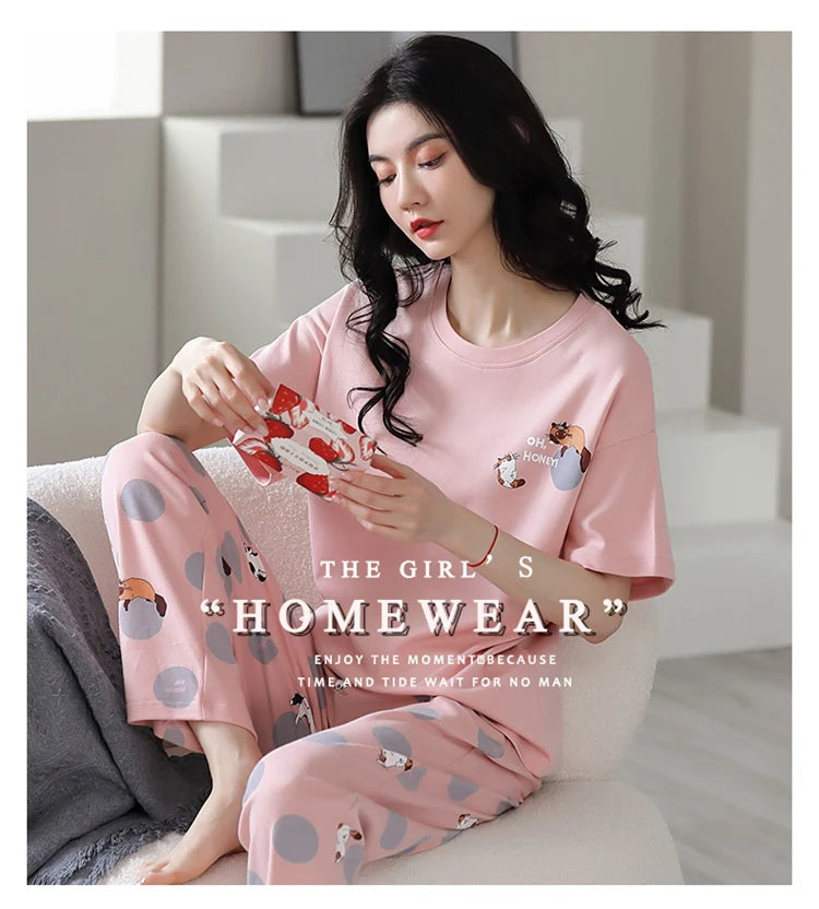 2024 Summer 100% Cotton Short Sleeve Long Pants Pajama Sets for Women Korean Cute Sleepwear Homewear Pijama Mujer Home Clothes