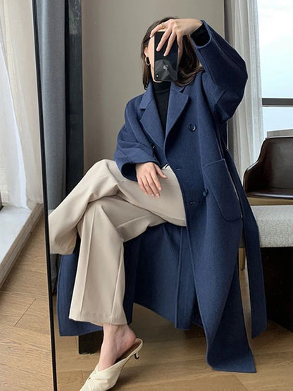 Jmprs Winter Woolen Long Coat Casual Women Double Breasted Faux Wool Jacket Fall Fashion Korean Ladies Black Clothes New