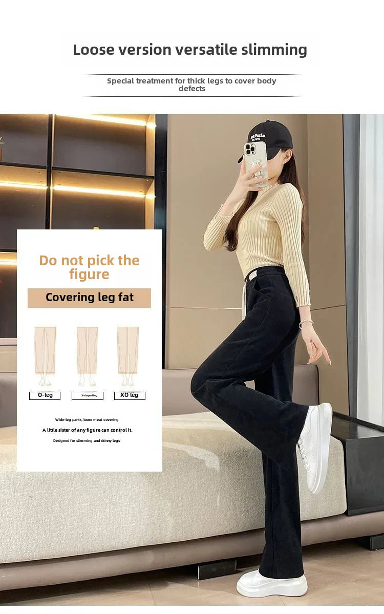 Fleece-lined Corduroy Bell Bottoms High-waisted Loose-fit Thickened Sport Casual Straight-leg Pants For Women