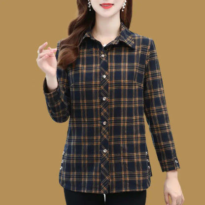 Frühling Herbst Elegante Mode Harajuku Plaid Tops Frauen Lose Beiläufige Alle Spiel Dame Hemd Polo Kragen Taste Langarm Blusa