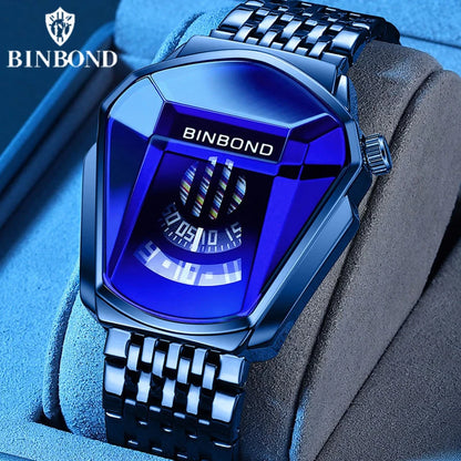 BINBOND Herren-Armbanduhr mit beliebtem Motorrad-Konzept, Quarzuhr mit leuchtendem Stahlband, Touchscreen, schwarze Technologie