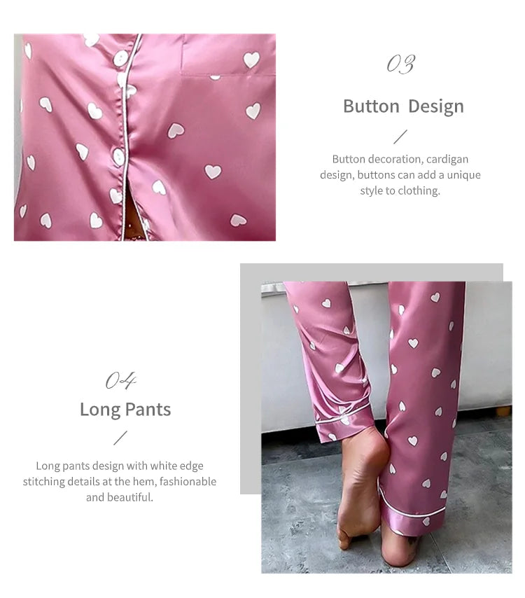 Women's Sleepwear Heart Print Satin Pajama Set Casual Short Sleeve Buttons Lapel Top & Pants Pajamas Soft Home Clothing Pyjamas