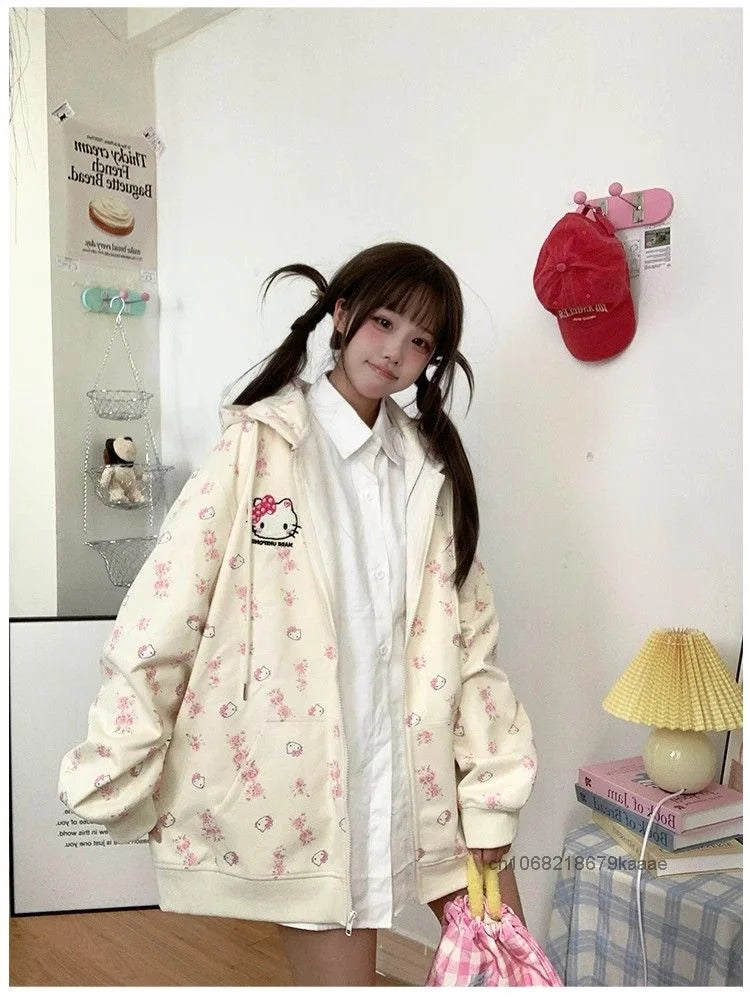 Sanrio Hello Kitty Cute Cat Hoodie Women's Autumn Winter New Loose Lazy Cardigan Japanese Style Y2k Sweet Soft Girl Trendy Coat