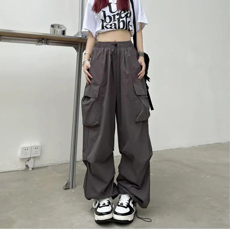 Women Long Cargo Pants Summer Elastic Waist Pocket Baggy Straight Loose Pants Casual Women Korean Trousers CDPF-WYP-51