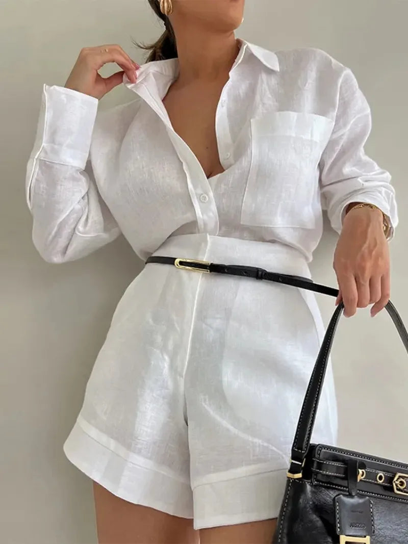 Fashion Women's Sets Button Pockets Lapel Shirt Short Pant Elegant Long Sleeves 2 Pieces 2024 Vacation Solid Shorts Blouse Sets