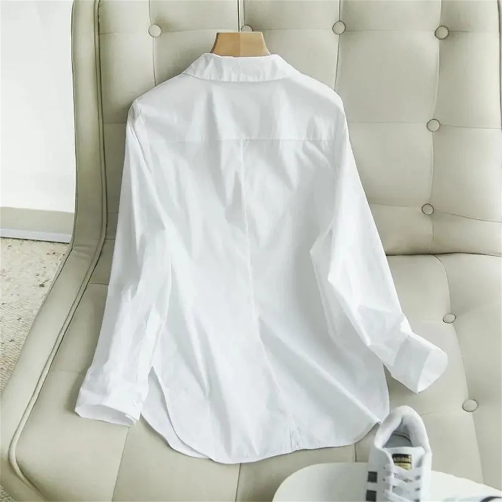 Spring and Summer Women's White Shirt Basic Korean Version Loose Casual Office Shirt Work Professional Top Solid Color