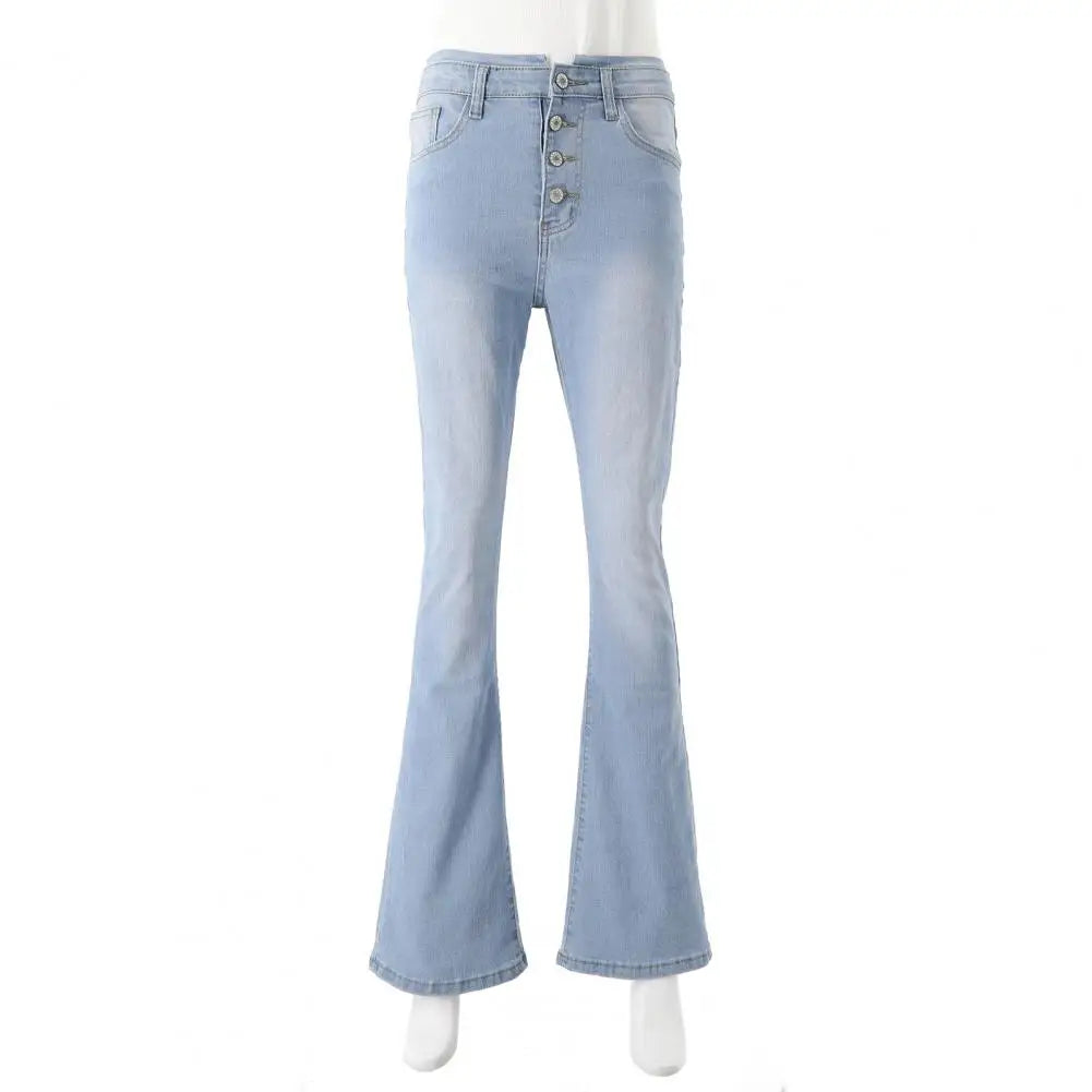 Women Denim Jeans High Waist Flared Hem Women's Jeans with Gradient Color Matching Bell-bottomed Pants Slim Fit Denim Trousers