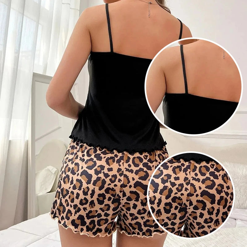 Women's Print Sexy Pajama Set Suspender Backless Short Sleeved and Elastic Waist Printed Leopard Print Shorts Pajama Set