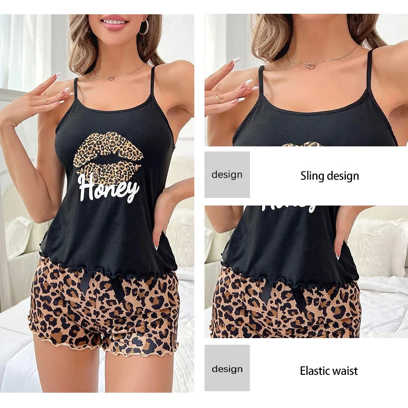 Women's Print Sexy Pajama Set Suspender Backless Short Sleeved and Elastic Waist Printed Leopard Print Shorts Pajama Set