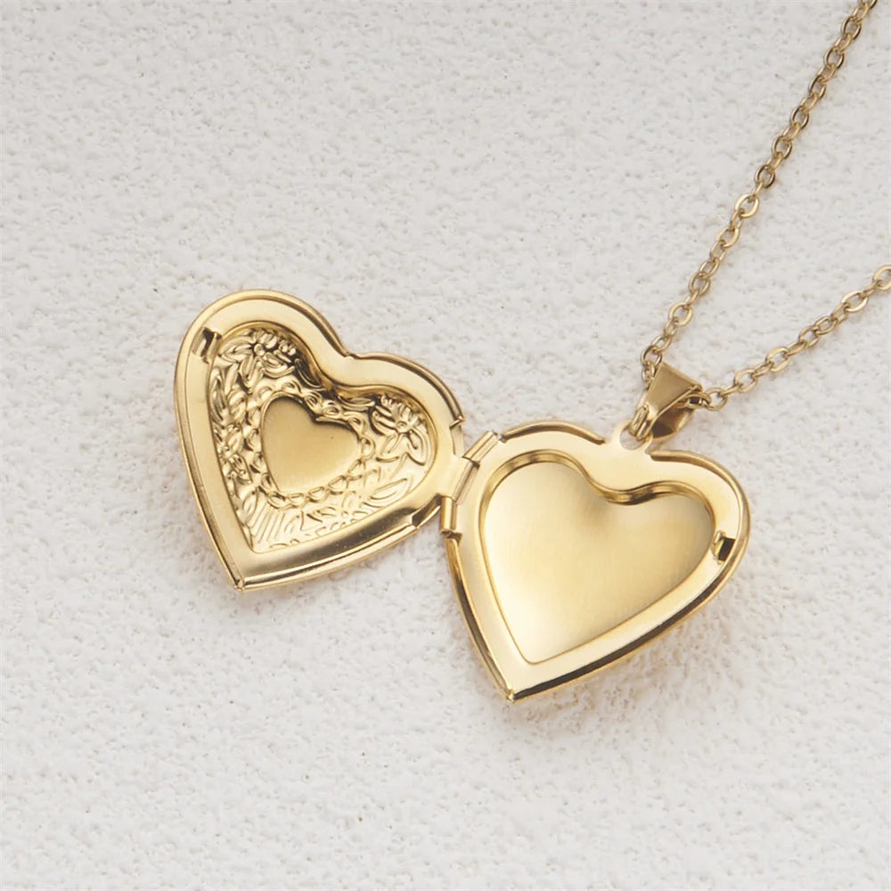 Romantic Heart Locket Pendant Openable Female Gold Color Stainless Steel Photo Frame Charm Necklaces for Women Men Jewelry Gift