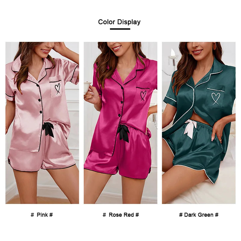 Women's Pajamas Lounge Set Heart Embroidered Pocket Patched Sleepwear Button Down Short Sleeve Top & Shorts Pyjama Home Clothing