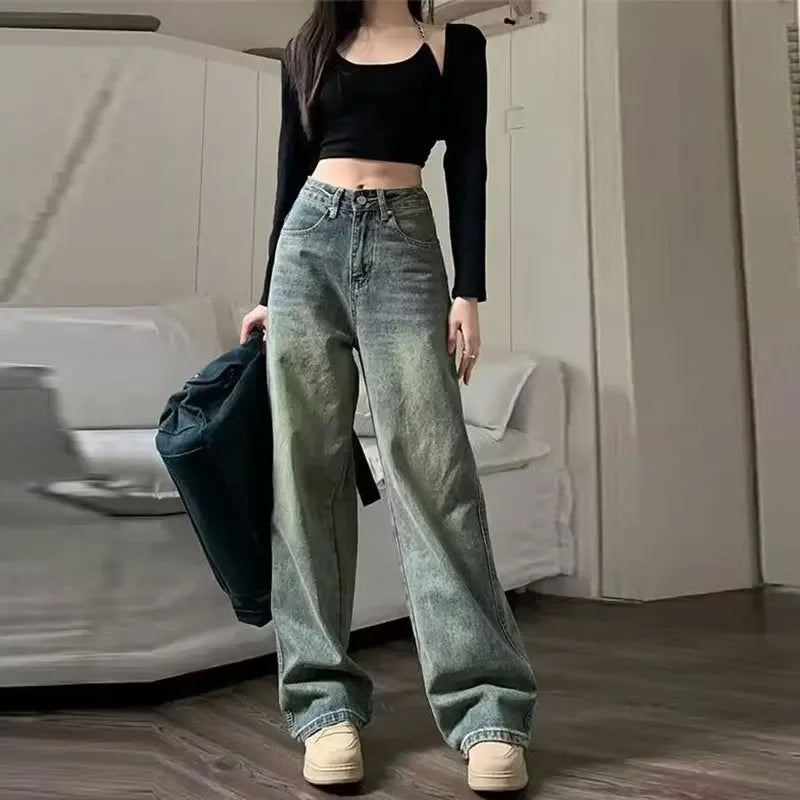 Vintage 90S Baggy Straight Denim Trousers Female Y2K High Waist Loose Wide Leg Jeans Women Streetwear All-Match Casual Pants New