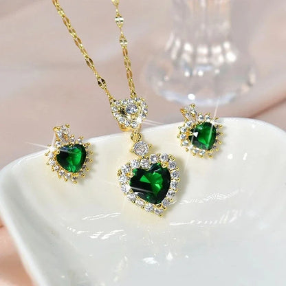 2023 Luxury Heart-shaped Necklace Green Zircon Jewelry Sets for Women Exquisite Crystal Pendant Chain Women's Earings Wedding