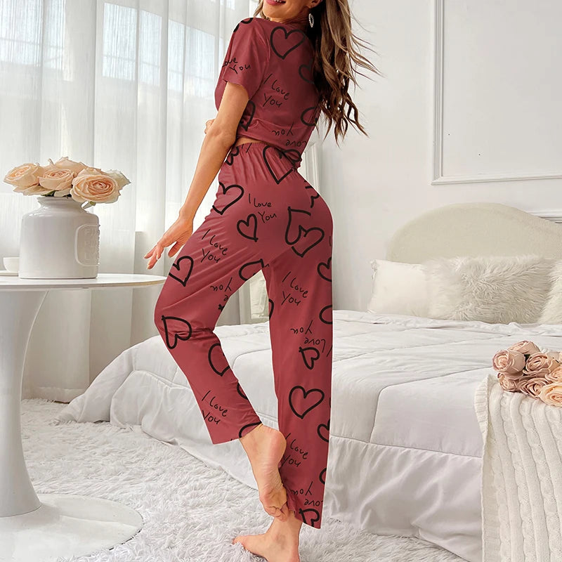 Women Pajamas Set Short Sleeve Shirt and Trousers Sleepwear Two Pieces Pyjamas Loungewear Nightwear Ladies Pijama Home Clothing