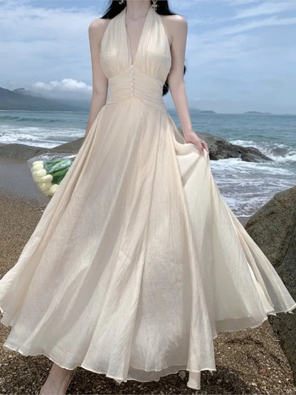 Sommer Ärmelloses Neckholder Langes Weißes Maxikleid Elegante Enge Taille V-Ausschnitt Strandkleid Robes Du Soir Abendkleider Hochzeit Abschlussball