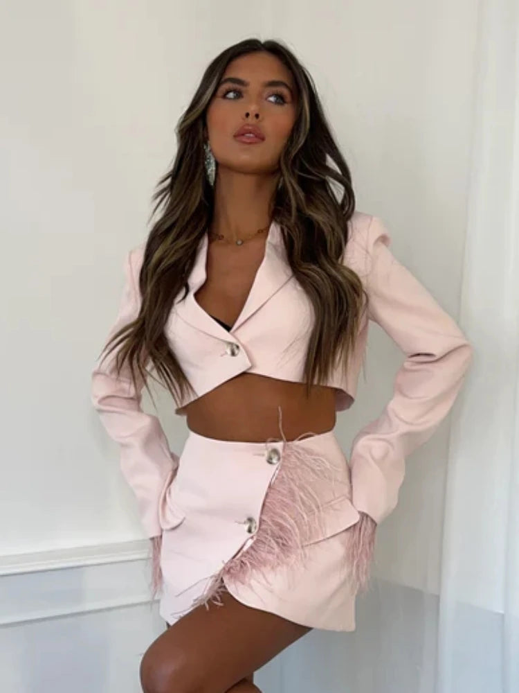 Sexy Long Sleeve Cropped Feather Blazer + Feathers Skirt Two Piece Sets Women Pink Crop Top Mini Skirts Suits Party Evening Club