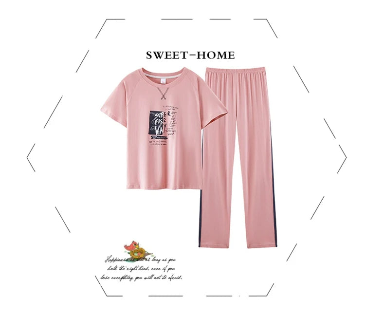 2024 Summer 100% Cotton Short Sleeve Long Pants Pajama Sets for Women Korean Cute Sleepwear Homewear Pijama Mujer Home Clothes