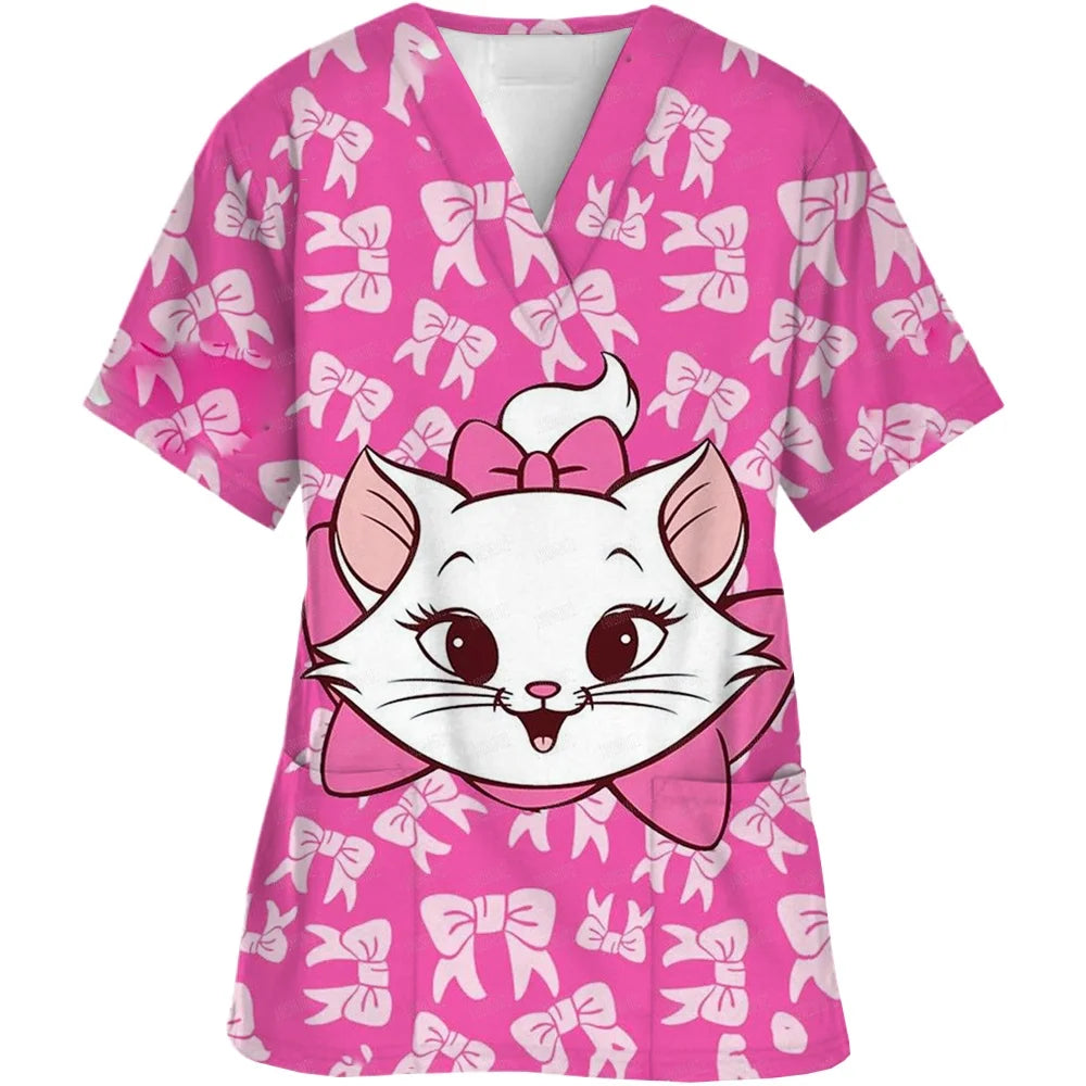 2024 Summer Disney Pet Mary Cat Pink Printed Matte Top Pet Shop Medical Uniform Nurse V-neck Shirt Women's Nurse Top