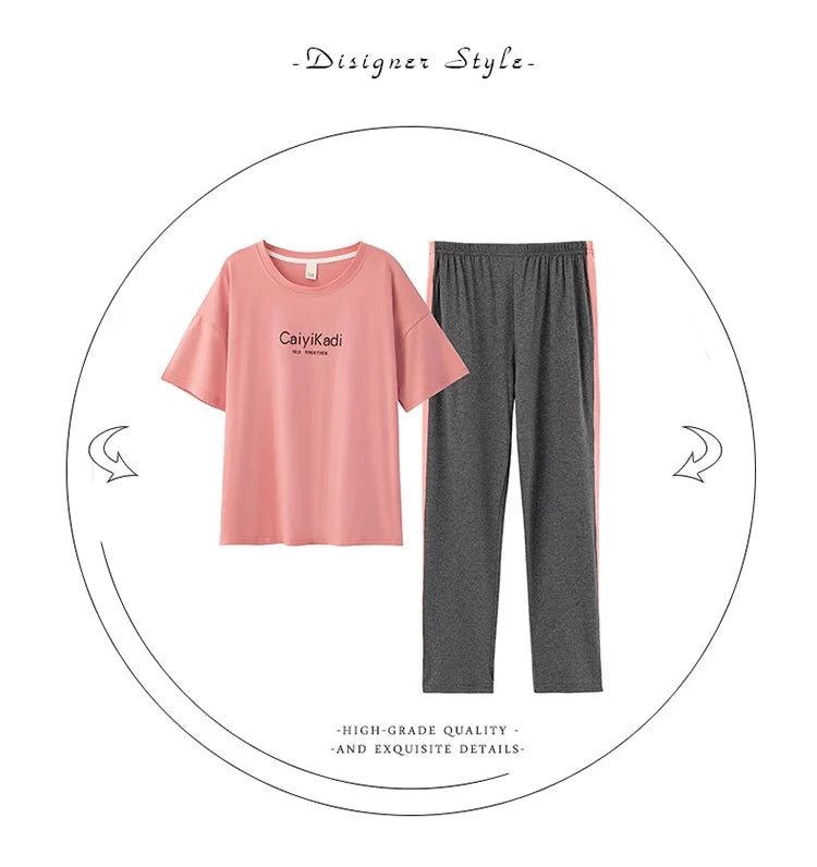 2024 Summer 100% Cotton Short Sleeve Long Pants Pajama Sets for Women Korean Cute Sleepwear Homewear Pijama Mujer Home Clothes