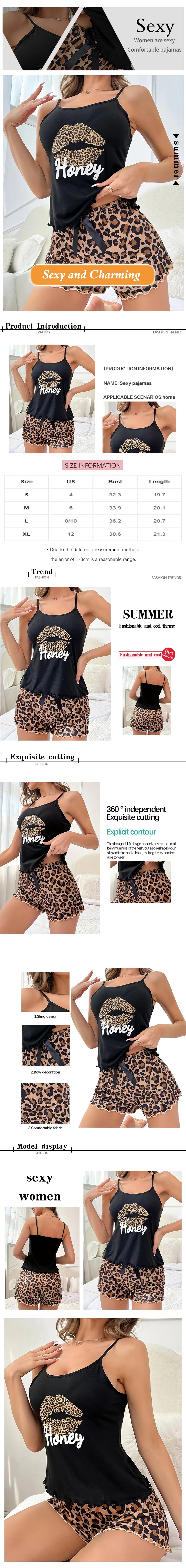 Women's Print Sexy Pajama Set Suspender Backless Short Sleeved and Elastic Waist Printed Leopard Print Shorts Pajama Set