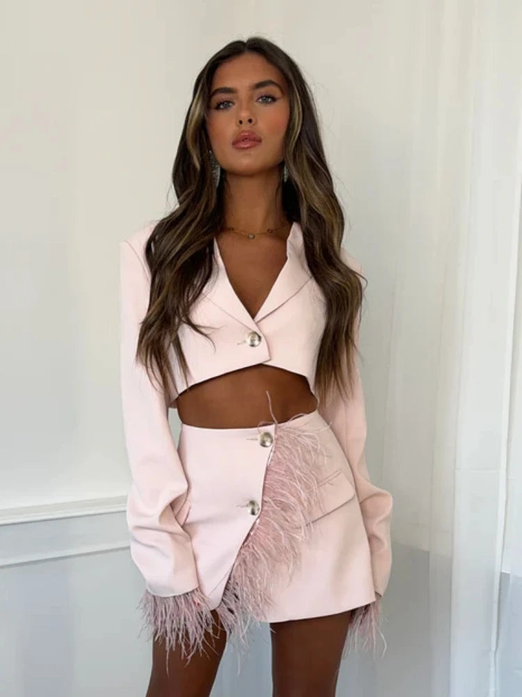 Sexy Long Sleeve Cropped Feather Blazer + Feathers Skirt Two Piece Sets Women Pink Crop Top Mini Skirts Suits Party Evening Club