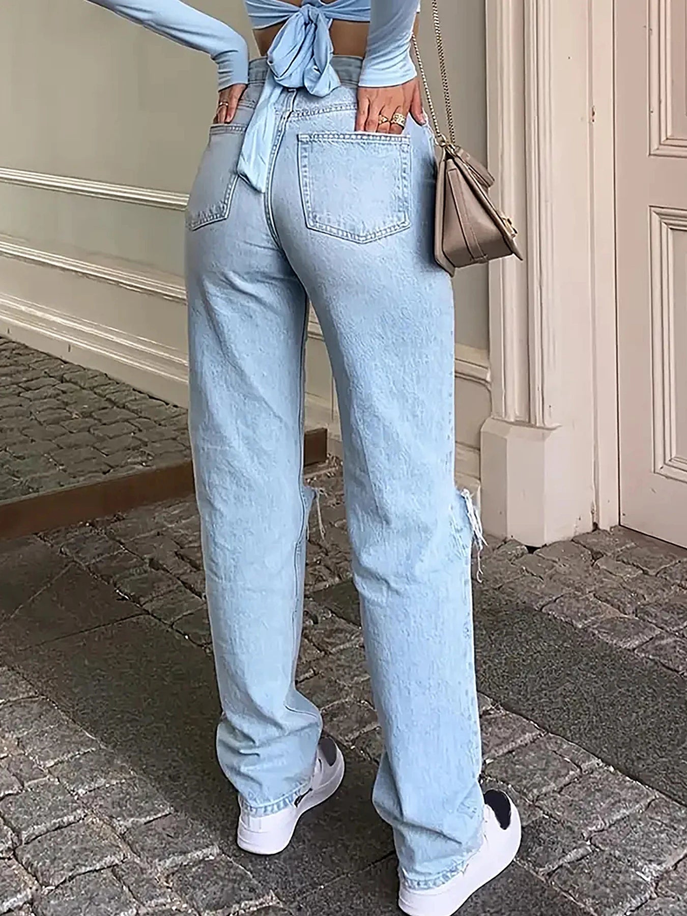 Women's Denim ripped straight pants 2024 hot sale New High waist elastic slim fit all-match women's straight pants