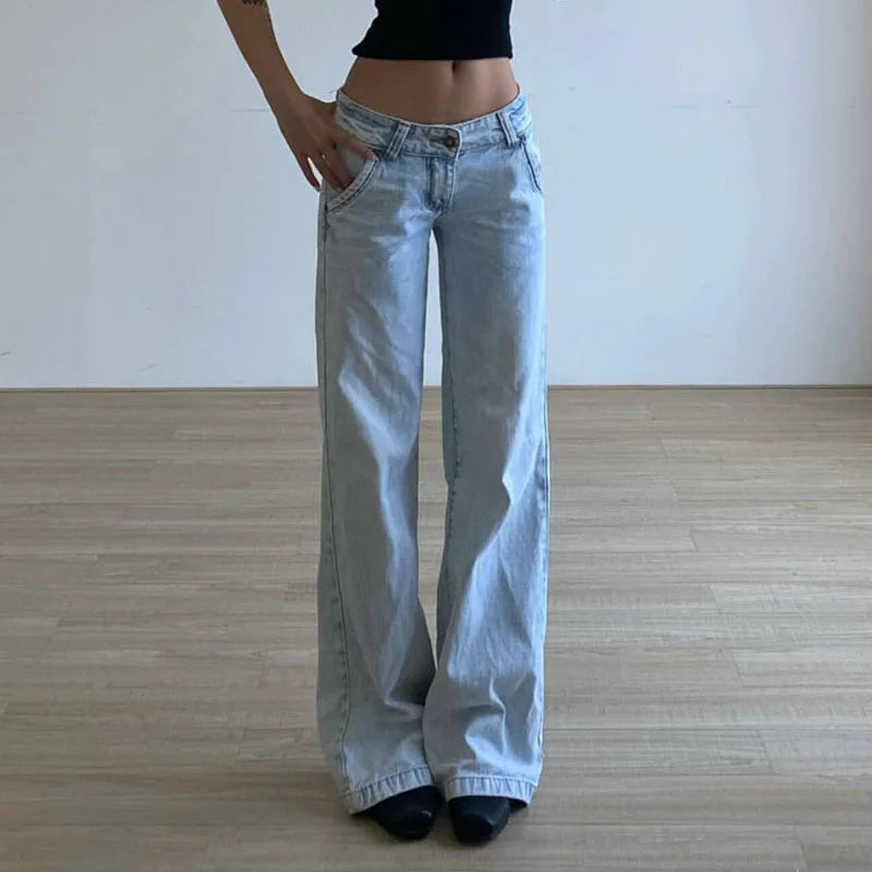 Xpqbb Light Blue Low Waist Jeans for Woman American Vintage Streetwear Denim Pants Women Y2K Fashion Washed Straight Trousers