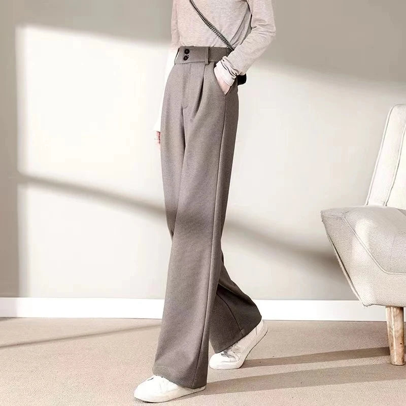 2024 Autumn Winter Women Concise Woolen Pants Lady Wide Leg Designer Outside Trousers Female Thicken High Waisted Draping Pants