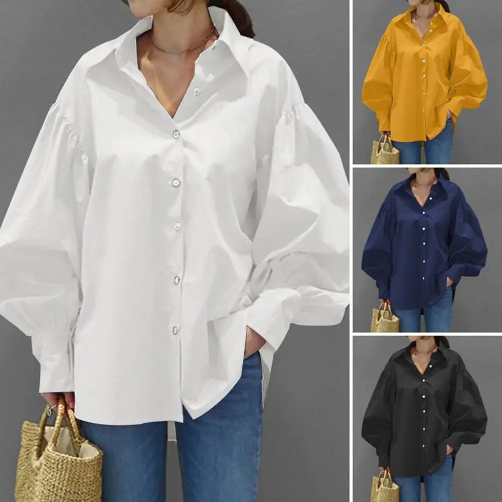 Turn-down Collar Single Breasted Anti-pilling Women Shirt Casual Lantern Sleeve Fashion Shirt Blouse Female Clothing