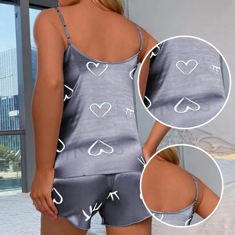 Two Piece Summer Sexy Camisole Printed Heart-Shaped Pajama Set for Women's Fashionable and Caring Home Casual Pajamas