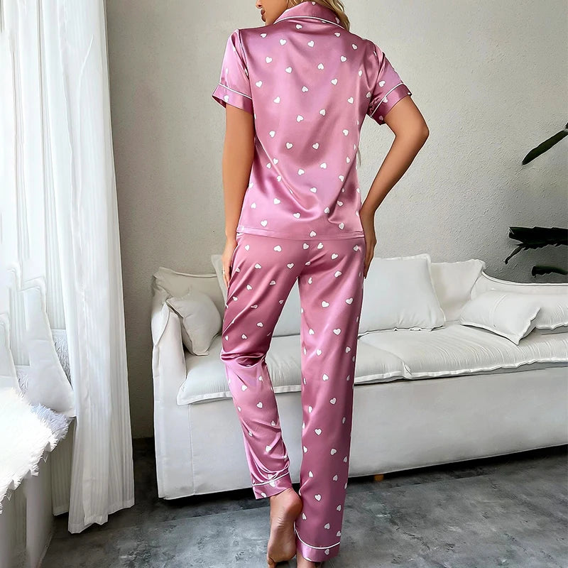 Women's Sleepwear Heart Print Satin Pajama Set Casual Short Sleeve Buttons Lapel Top & Pants Pajamas Soft Home Clothing Pyjamas